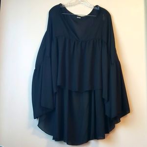 High-Low Flowing Blouse with Flared Sleeves